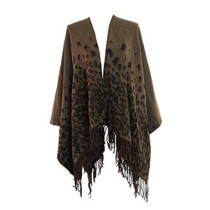 Mixit Reversible Wrap Women One Size Brown Fringe Animal Print Bohemian Preppy